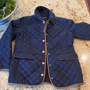 Chico's navy blue quilted jacket with brown trim and gold-tone buttons